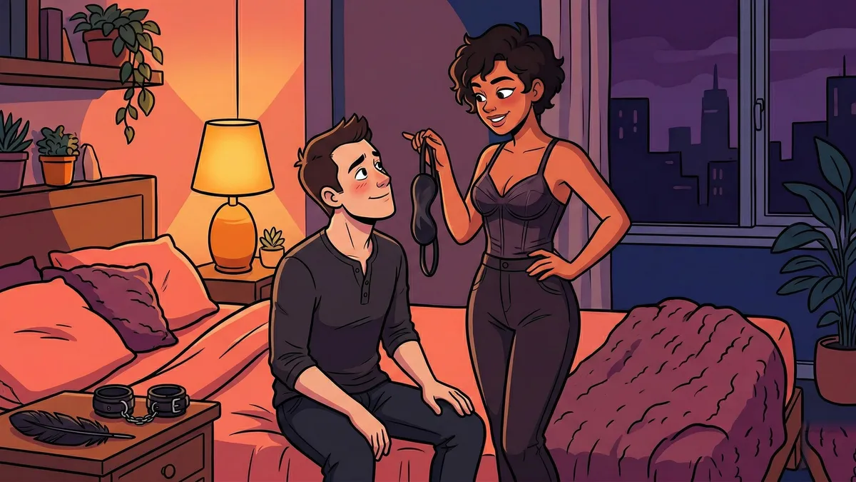 Ilustração artística representando elementos simbólicos do BDSM como cordas e chaves em tons de coral e roxo