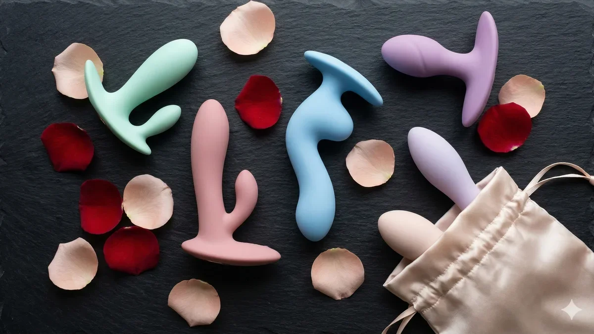 Ilustração artística abstrata de formas orgânicas e suaves representando brinquedos sexuais estilizados em tons de coral e roxo