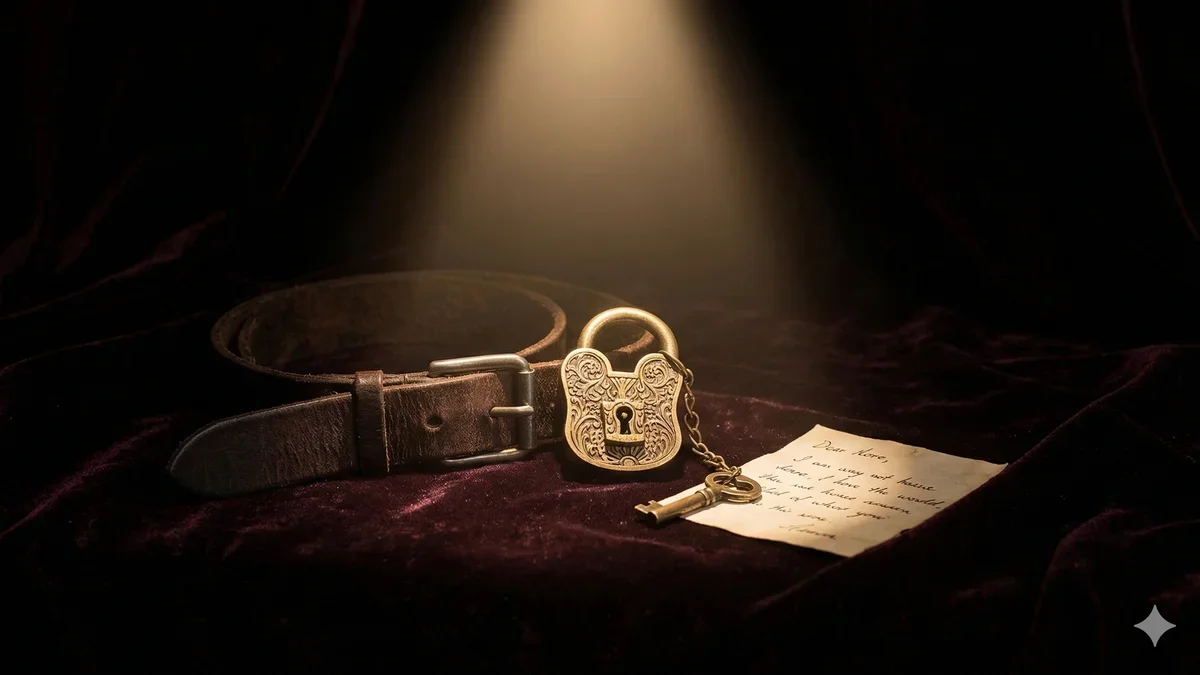 Ilustração artística de uma chave ornamental e um cadeado entrelaçados com fitas de seda em tons de coral e roxo