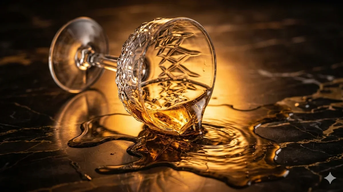 Ilustração artística abstrata de gotículas douradas caindo em ondas fluidas sobre tons de coral e roxo escuro