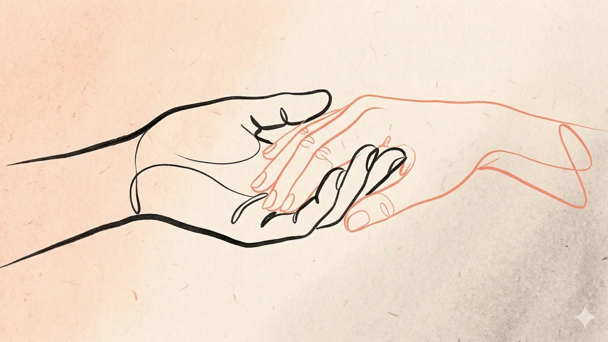 Ilustração artística abstrata representando confiança e entrega com mãos entrelaçadas e contrastes de luz e sombra em tons de coral e roxo