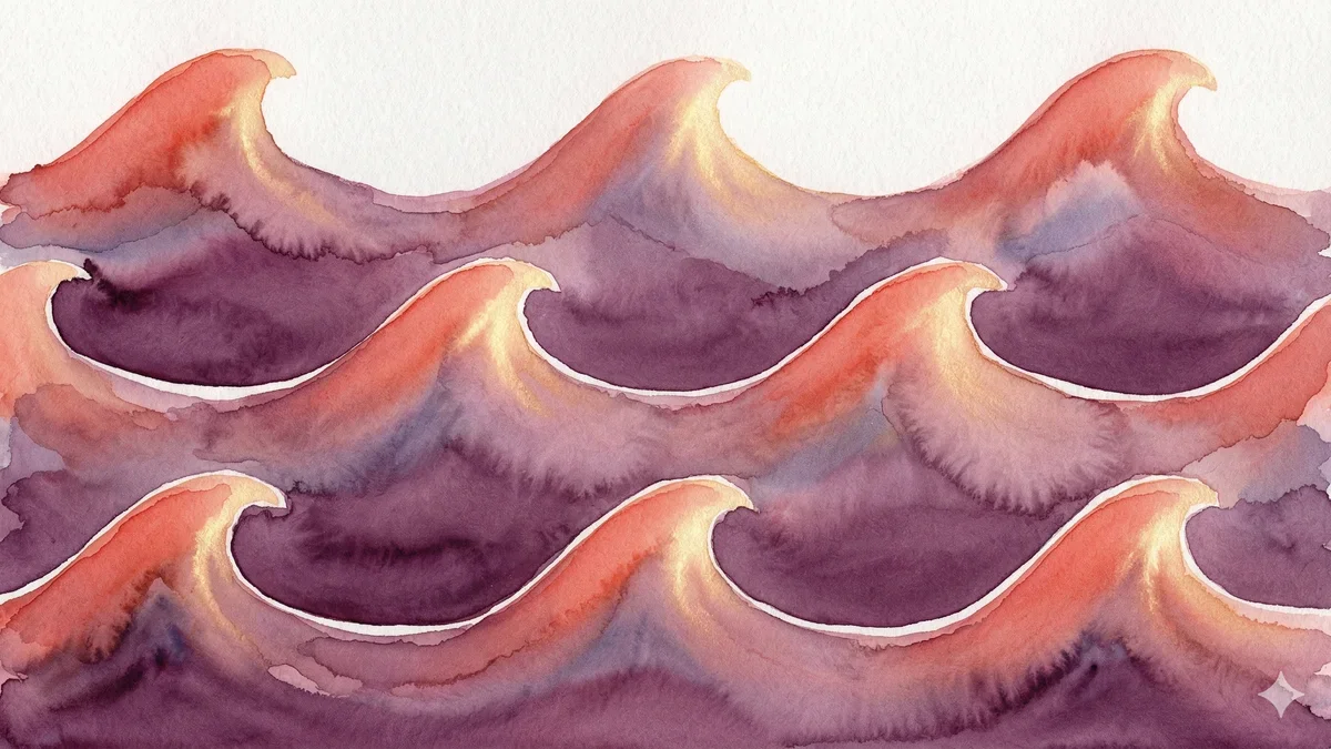 Ilustração artística abstrata representando ondas de prazer interrompidas e recomeçadas em tons de coral e roxo
