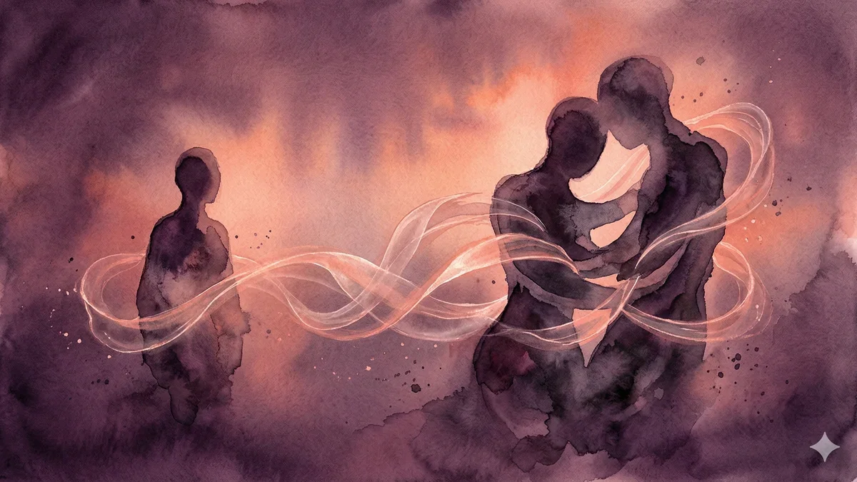 Ilustração artística abstrata representando três figuras interligadas por laços de confiança em tons de coral e roxo