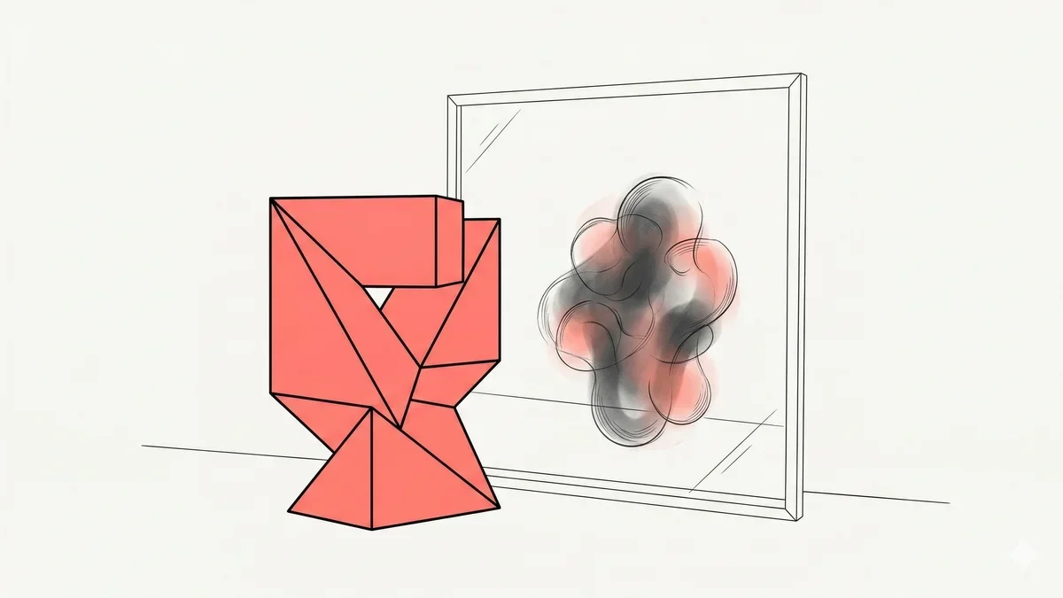 Ilustração artística abstrata representando dualidade e vulnerabilidade com máscaras e sombras em tons de coral e roxo