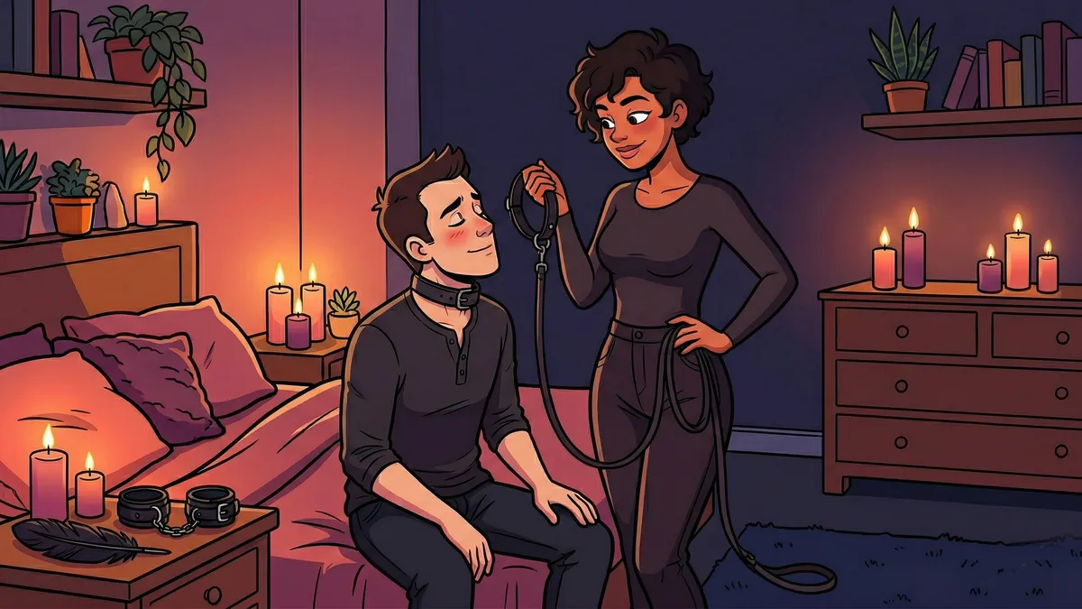 Ilustração artística representando a dinâmica de dominação e submissão com elementos simbólicos de confiança e poder