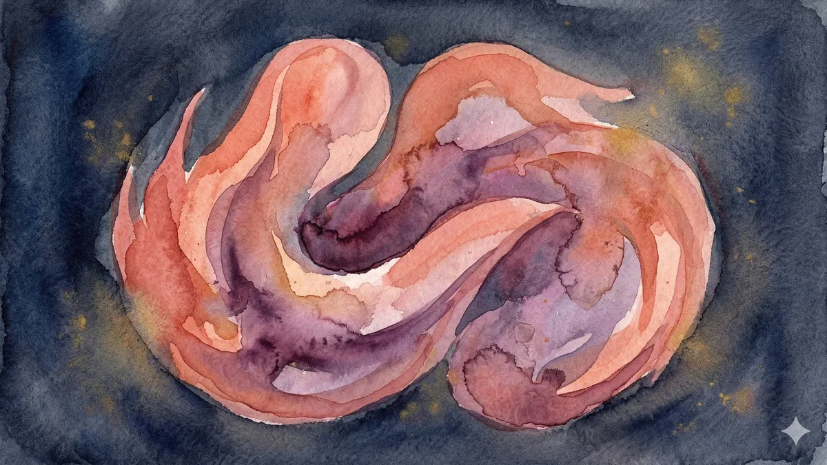 Ilustração artística abstrata representando dualidade e conexão com formas entrelaçadas em tons de coral e roxo