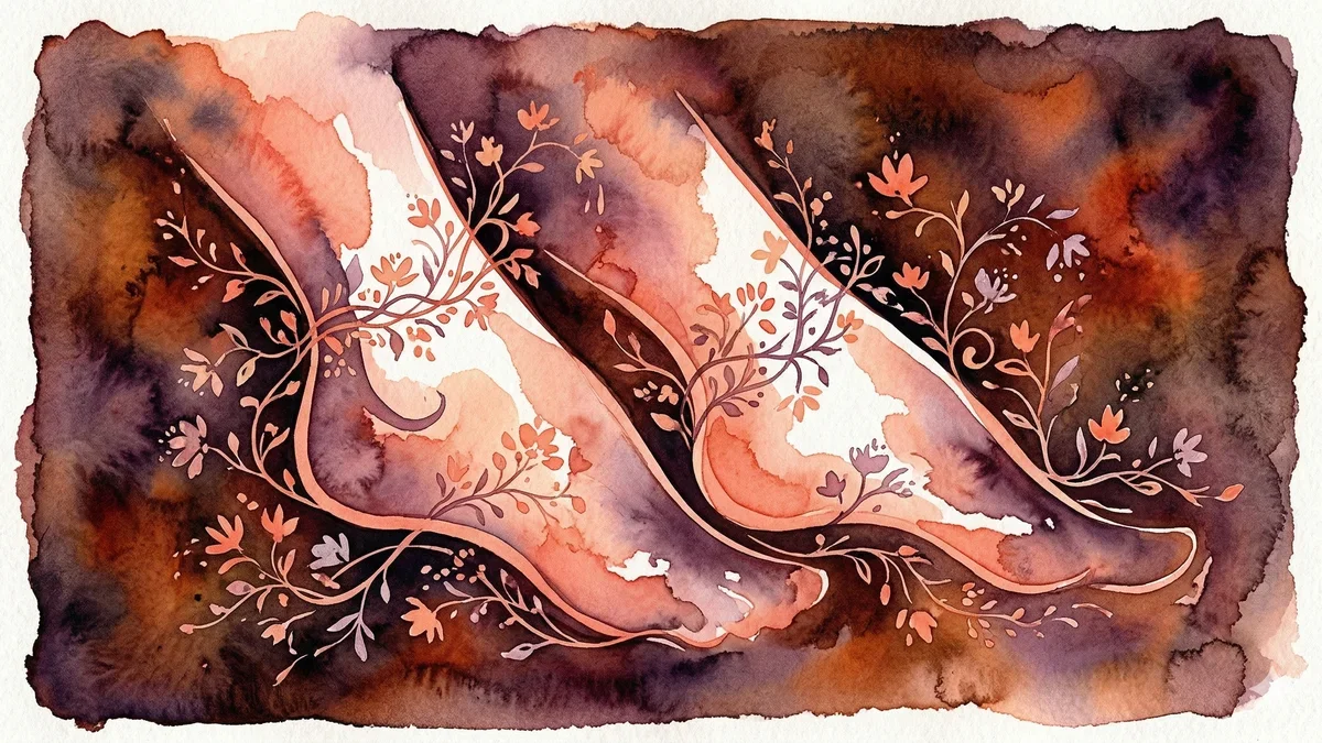 Ilustração artística abstrata representando pés estilizados com elementos florais em tons de coral e roxo