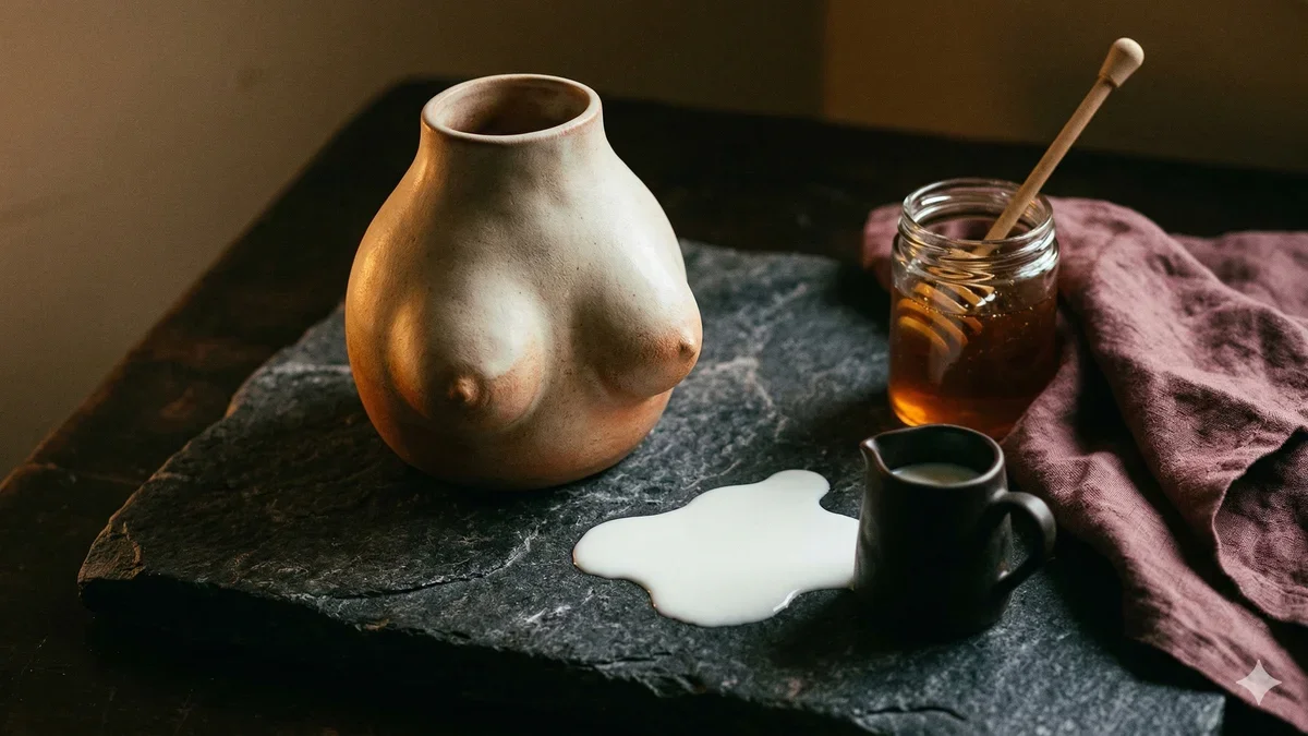 Ilustração artística abstrata de formas arredondadas suaves com gotas de leite fluindo sobre tons de coral e roxo