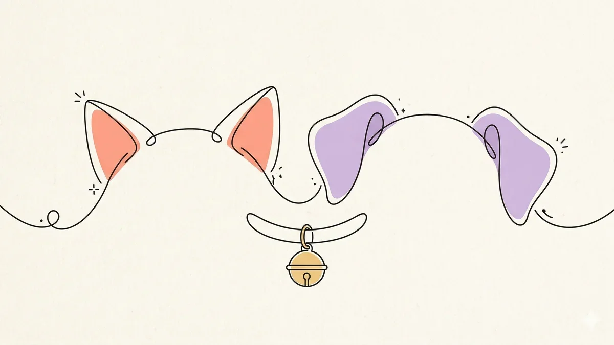 Ilustração artística abstrata de orelhas felinas e coleira entrelaçadas com formas fluidas em tons de coral e roxo