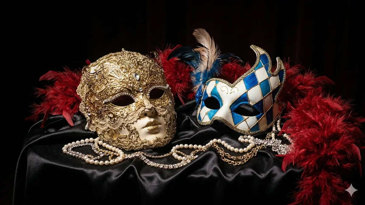 Ilustração artística abstrata com máscaras de teatro entrelaçadas em tons de coral e roxo simbolizando role play