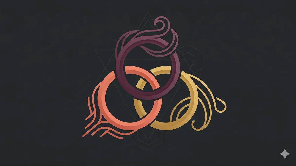 Ilustração artística abstrata representando conexão entre múltiplas figuras com formas fluidas em tons de coral e roxo