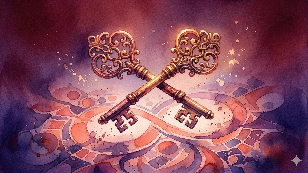 Ilustração artística abstrata de duas chaves entrelaçadas formando um símbolo de infinito em tons de coral e roxo